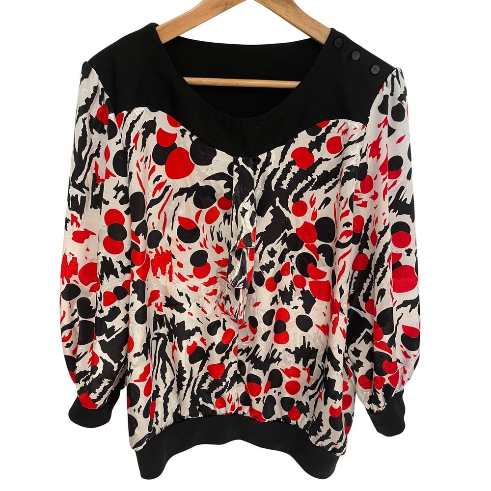 Tops n Tops Miami Vintage Blouse 14 Black Red White Polyester Button Shoulder